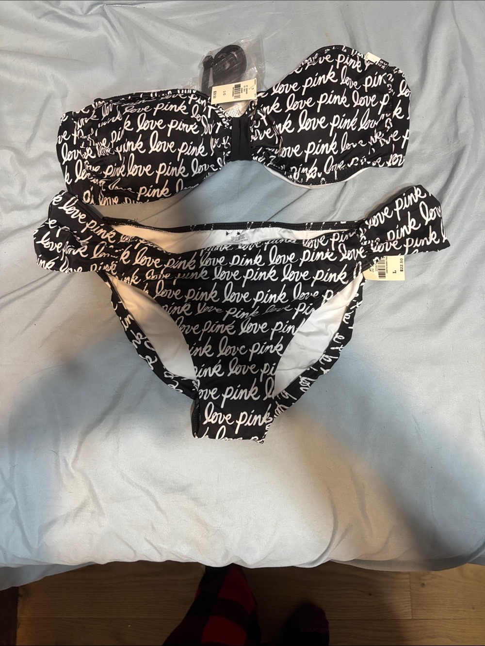 PINK Victoria's Secret Black & White 'Love PINK' Strapless Bikini